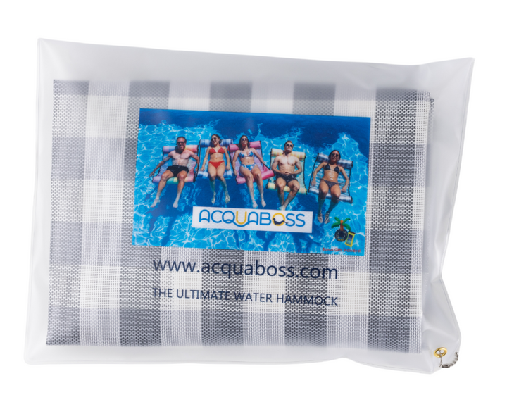 Acquaboss water hammock packaging with promotional image of people using the product.
