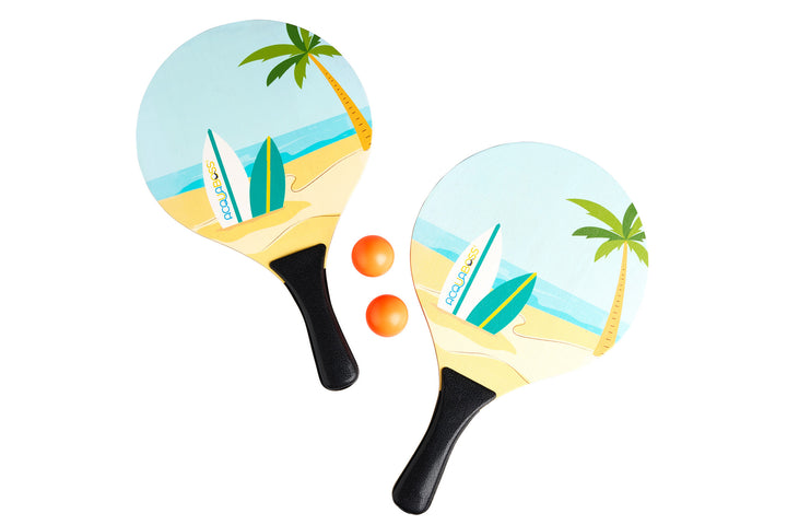 Two beach-themed paddle ball rackets with a background of palm trees and surf boards.